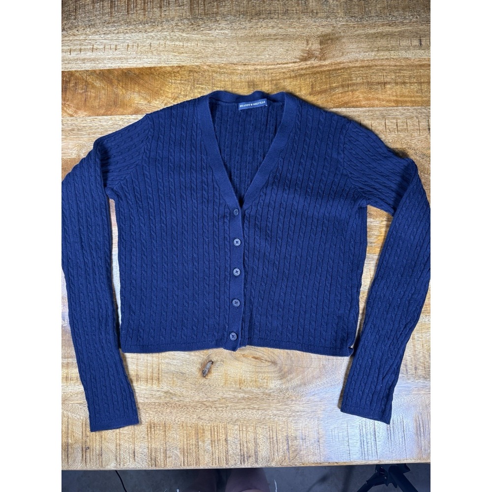 Brandy Melville Navy Cable Knit Cropped Cardigan Button Front Cotton One Size